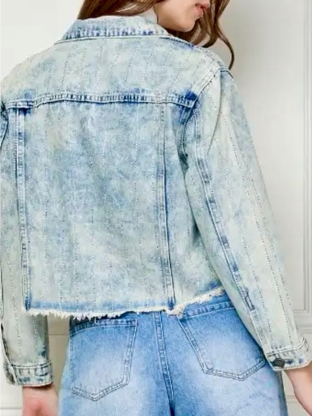 Striped Rhinestone Distressed Denim Jacket - Picture 8 of 12